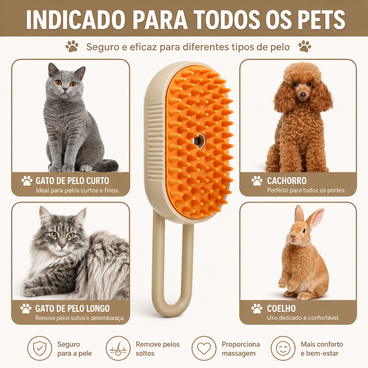 Escova a Vapor 3 em 1 Remove Pelos para Cães e Gatos