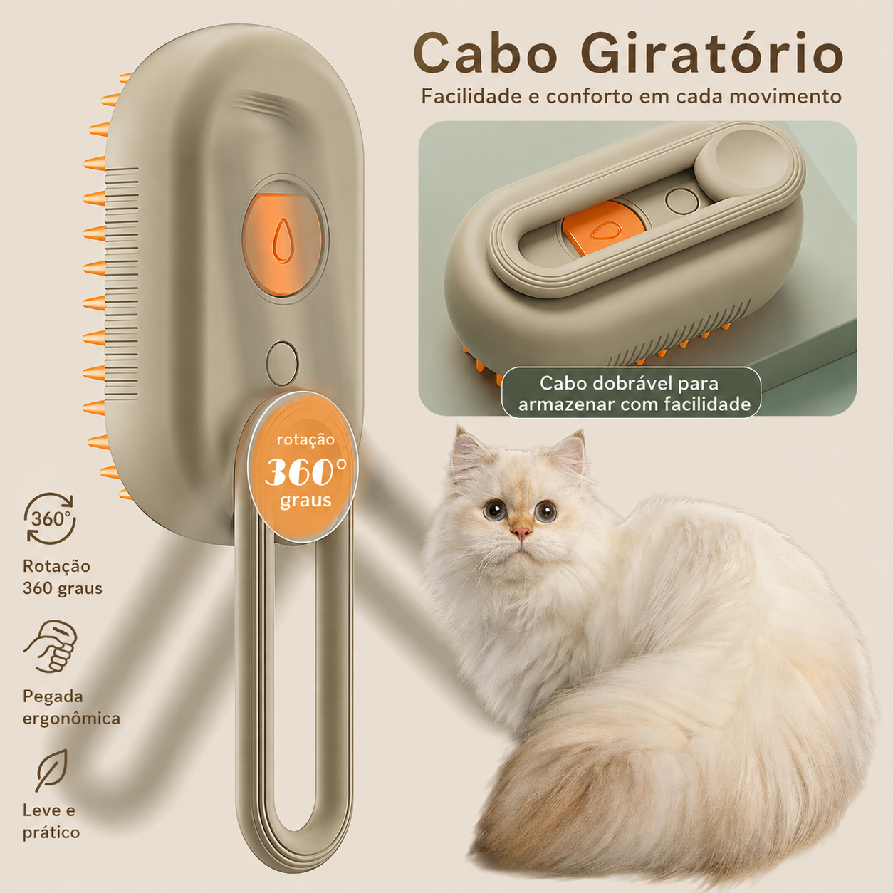 Escova a Vapor 3 em 1 Remove Pelos para Cães e Gatos