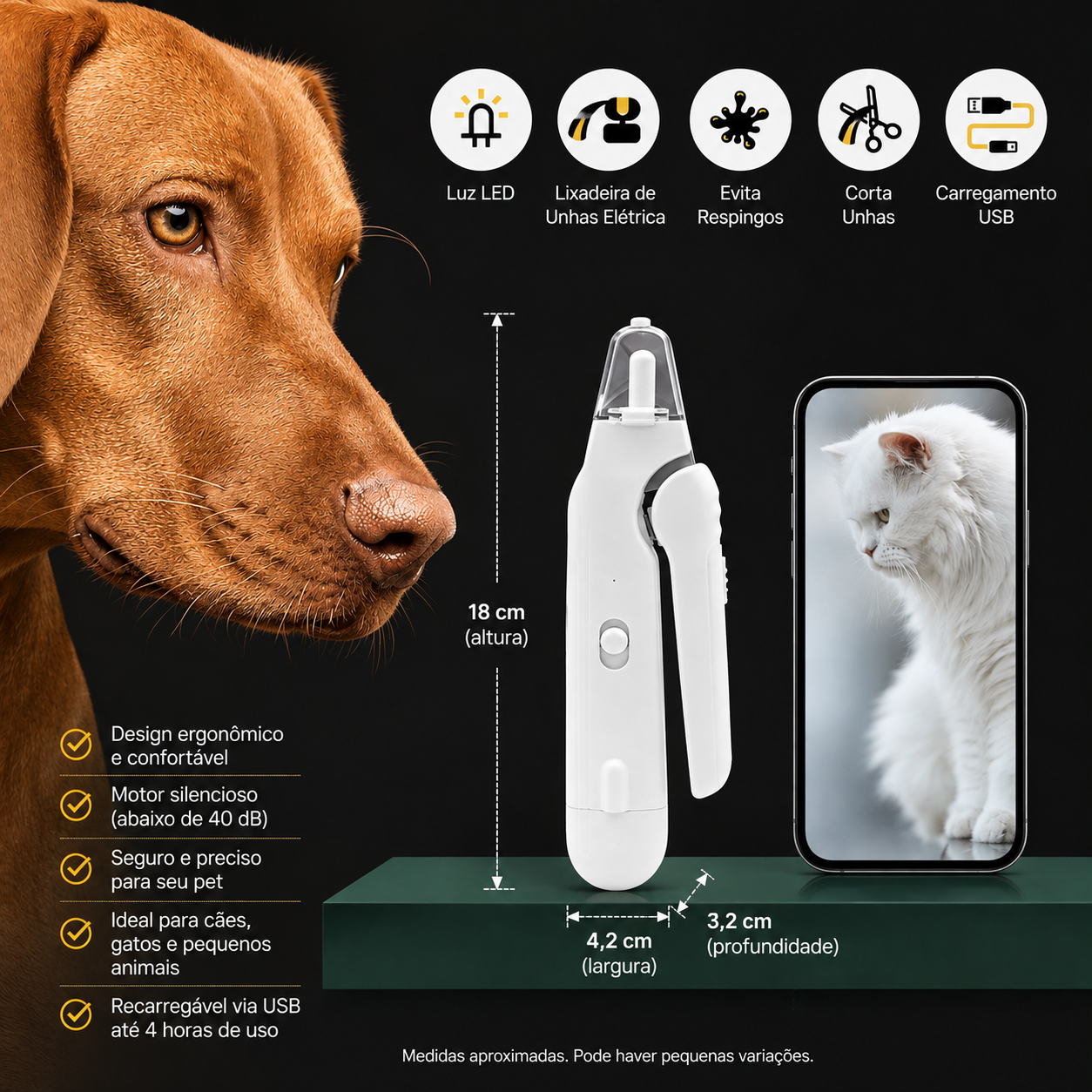 Cortador de Unhas Elétrico 2 em 1 para Cães e Gatos com Lixadeira, Luz LED Dupla e Coletor de Resíduos