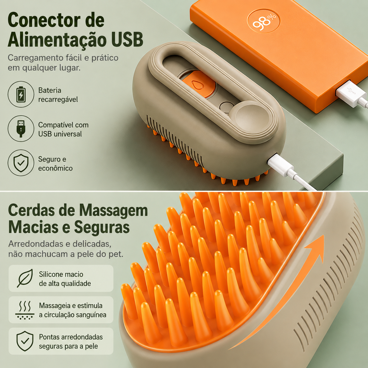 Escova a Vapor 3 em 1 Remove Pelos para Cães e Gatos